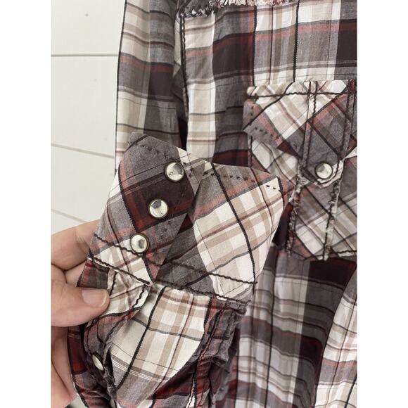 BKE Mens Pearl Snap Western Shirt Athletic Fit Long Sleeves Brown Stitched Large - Picture 7 of 8